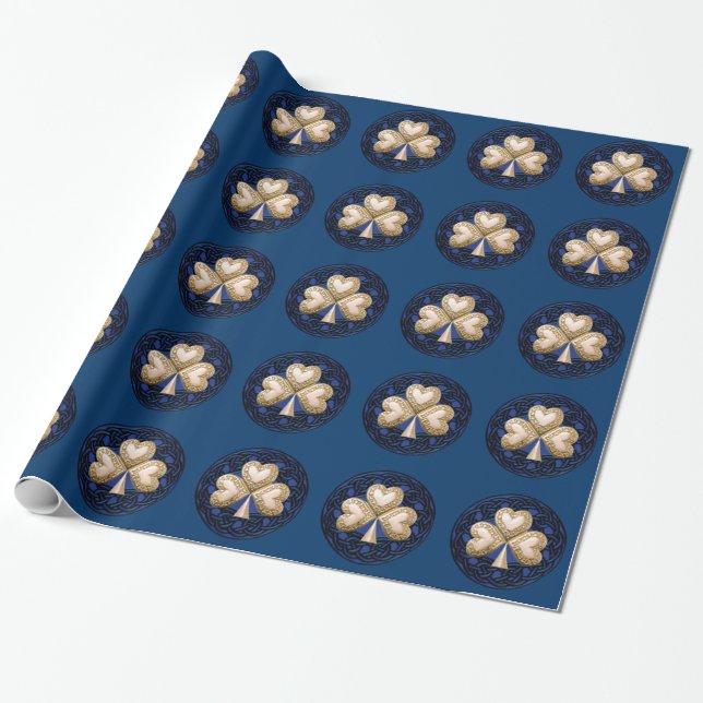 Gold Shamrock On Blue Wrapping Paper (Unrolled)