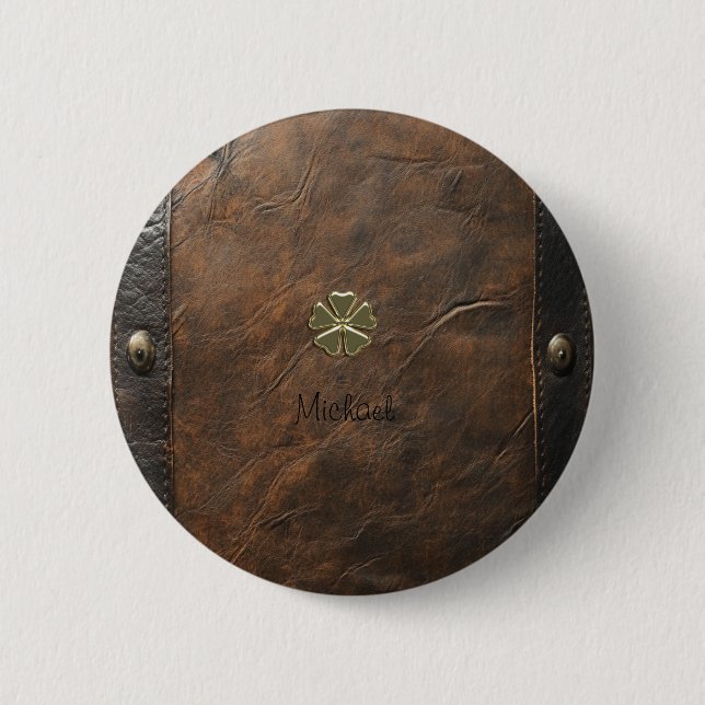 Gold Shamrock St.Patrick`s Day,Brown Leather 2 Inch Round Button (Front)
