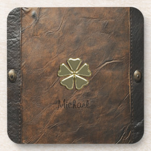 Gold Shamrock St.Patrick`s Day,Brown Leather Coaster