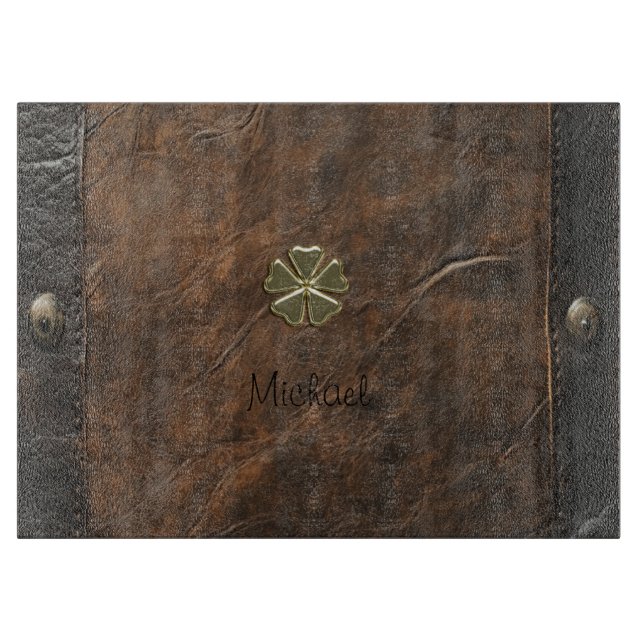 Gold Shamrock St.Patrick`s Day,Brown Leather Cutting Board (Front)