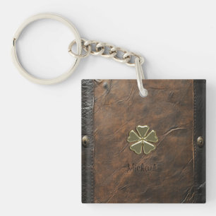 Gold Shamrock St.Patrick`s Day,Brown Leather Keychain