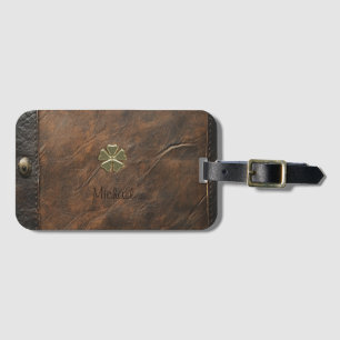 Gold Shamrock St.Patrick`s Day,Brown Leather Luggage Tag