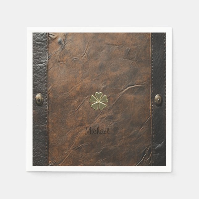 Gold Shamrock St.Patrick`s Day,Brown Leather Napkin (Front)