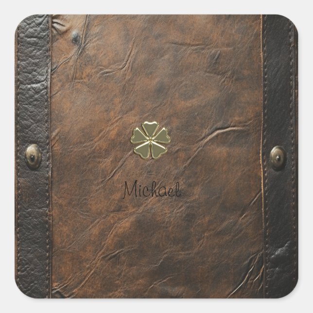 Gold Shamrock St.Patrick`s Day,Brown Leather Square Sticker (Front)