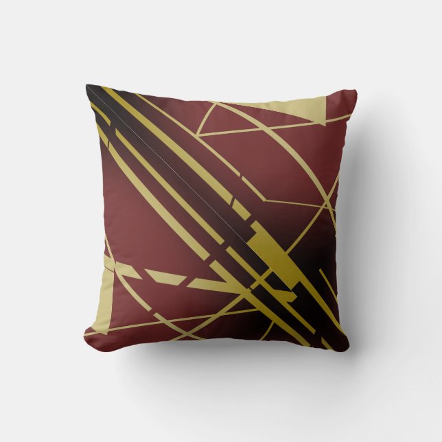Gold Shapes Lines on Burgundy Black Flowing Design Throw Pillow (Front)
