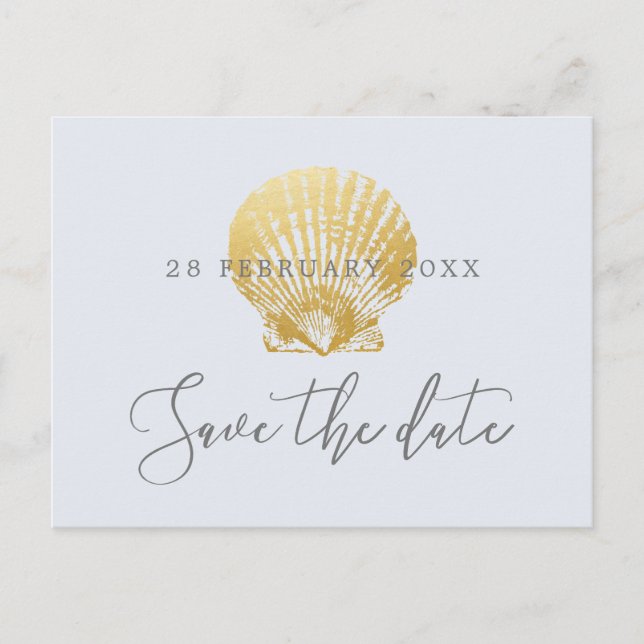 Gold Shell Faux Foil Beach Wedding Save the Date Announcement Postcard (Front)