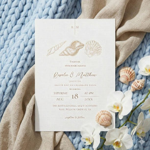 Gold Shells & White Coastal Wedding Invitation