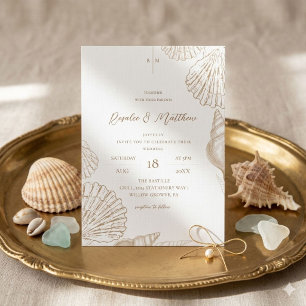 Gold Shells & White Coastal Wedding  Invitation