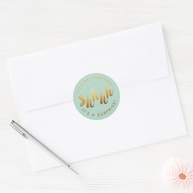 Gold Shh Surprise Birthday Classic Round Sticker (Envelope)