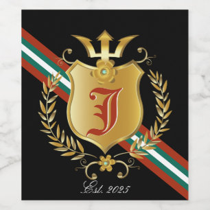 Gold Shield & Crest Red Green Stripe Monogram Wine Label
