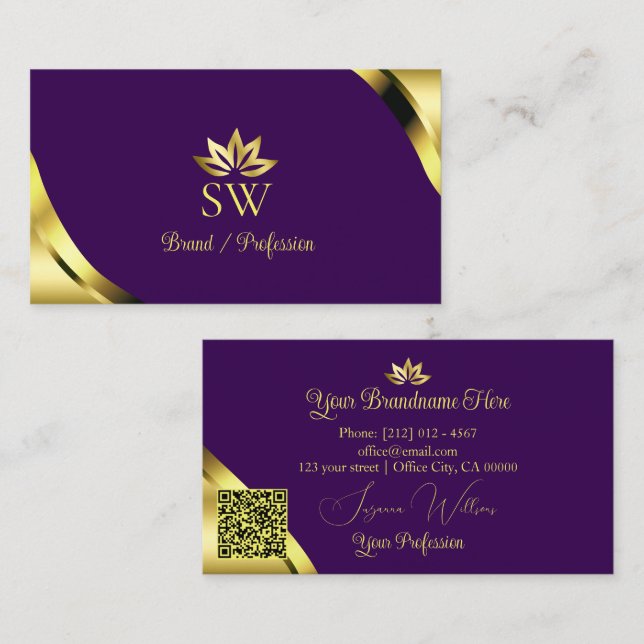 Gold Shimmer Corners on Purple Monogram QR Code Business Card (Front/Back)