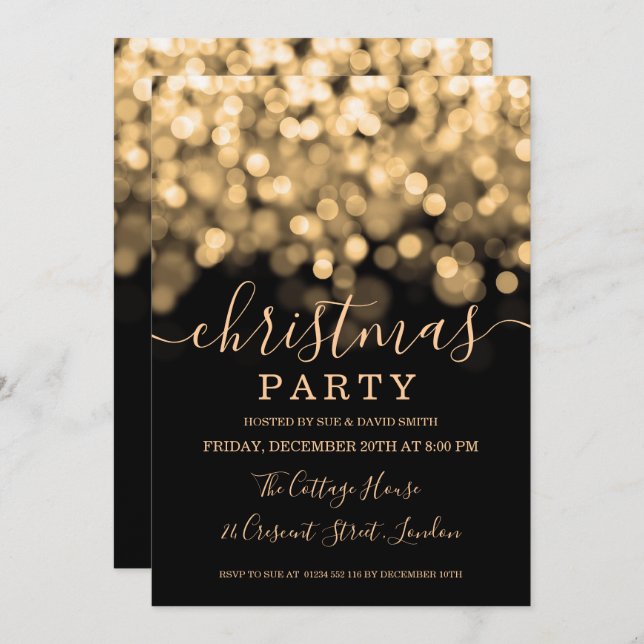 Gold Shimmer Lights Script Christmas Party Invitation (Front/Back)