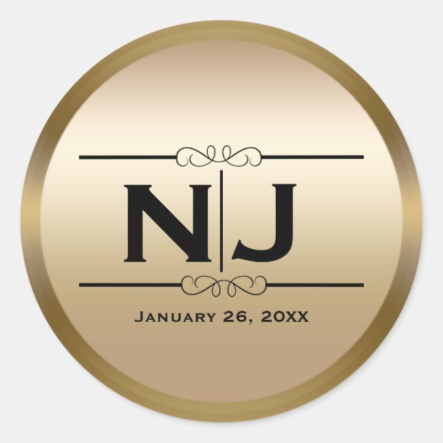 Gold Shine Elegant Glam Custom Monogram Favour Classic Round Sticker (Front)