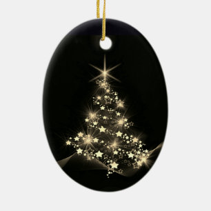 Gold Shine of Stars on Christmas Tree Dark Ceramic Ornament