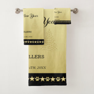 Gold shiny Christmas stars, paws on gold & black Bath Towel Set