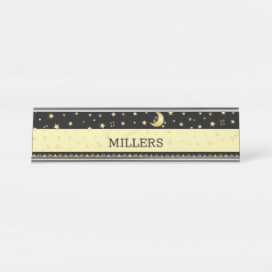 Gold shiny Christmas stars, paws on gold & black Desk Name Plate