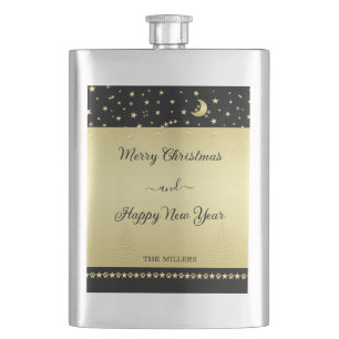 Gold shiny Christmas stars, paws on gold & black Hip Flask