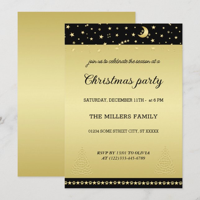 Gold shiny Christmas stars, paws on gold & black Invitation (Front/Back)