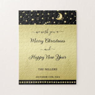 Gold shiny Christmas stars, paws on gold & black Jigsaw Puzzle