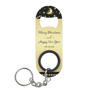Gold shiny Christmas stars, paws on gold & black Keychain Bottle Opener