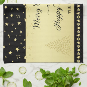 Gold shiny Christmas stars, paws on gold & black Kitchen Towel