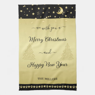 Gold shiny Christmas stars, paws on gold & black Kitchen Towel