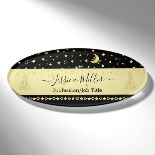 Gold shiny Christmas stars, paws on gold & black Name Tag