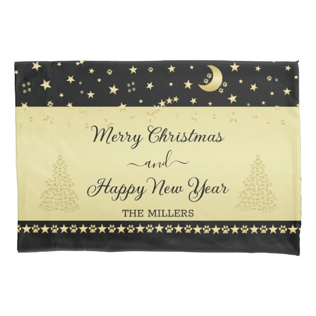 Gold shiny Christmas stars, paws on gold & black Pillowcase (Front)