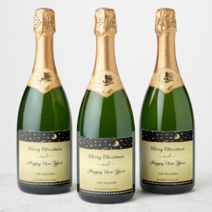 Gold shiny Christmas stars, paws on gold & black Sparkling Wine Label