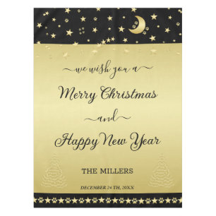 Gold shiny Christmas stars, paws on gold & black Tablecloth