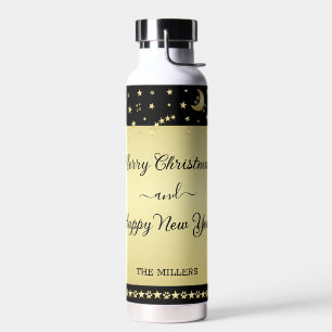 Gold shiny Christmas stars, paws on gold & black Water Bottle