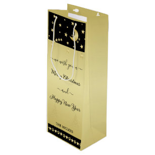 Gold shiny Christmas stars, paws on gold & black Wine Gift Bag