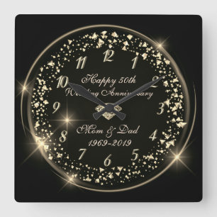 Gold Shiny Confetti,Black 50th Wedding Anniversary Square Wall Clock