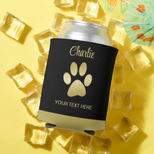  Gold Shiny Dog Paw on black background Can Cooler