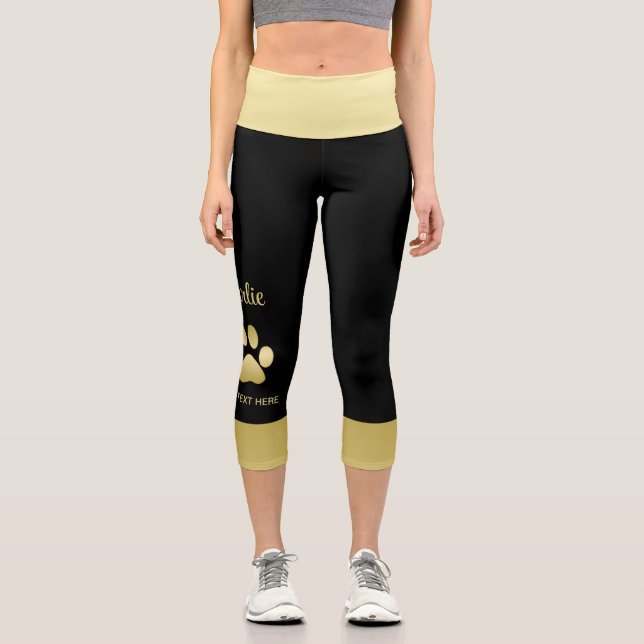  Gold Shiny Dog Paw on black background Capri Leggings (Front)