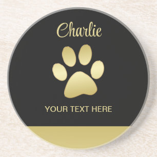 Gold Shiny Dog Paw on black background Coaster