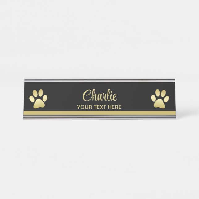  Gold Shiny Dog Paw on black background Desk Name Plate (Front)