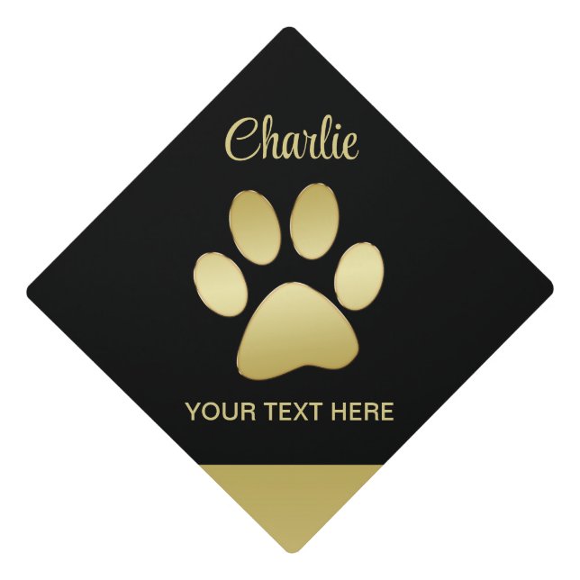  Gold Shiny Dog Paw on black background Graduation Cap Topper (Front)