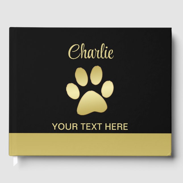 Gold Shiny Dog Paw on black background Guest Book (Front)