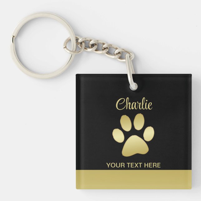  Gold Shiny Dog Paw on black background Keychain (Front)