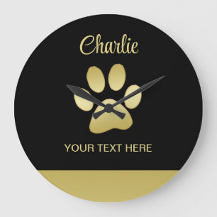 Gold Shiny Dog Paw on black background Large Clock