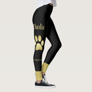 Gold Shiny Dog Paw on black background Leggings