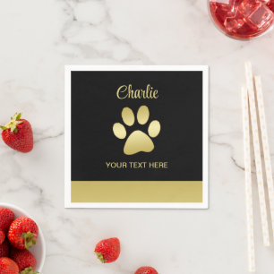  Gold Shiny Dog Paw on black background Napkin