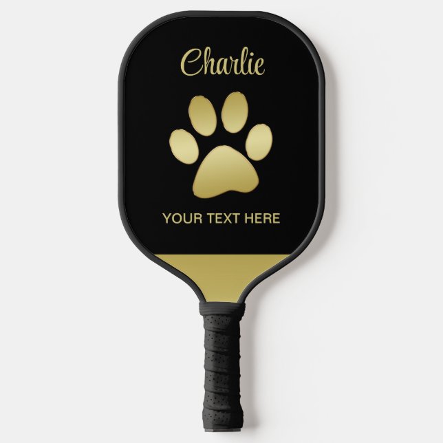  Gold Shiny Dog Paw on black background Pickleball Paddle (Front)