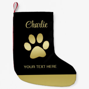 Gold Shiny Dog Paw on black background Small Christmas Stocking