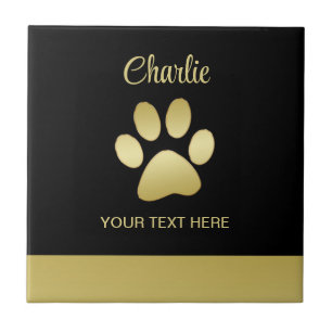  Gold Shiny Dog Paw on black background Tile