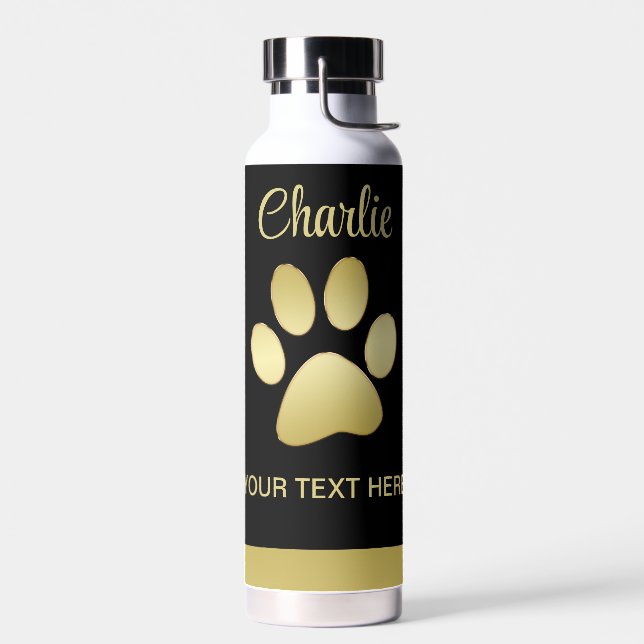  Gold Shiny Dog Paw on black background Water Bottle (Left)
