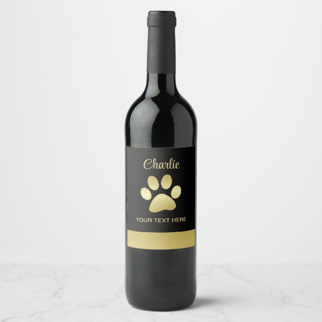  Gold Shiny Dog Paw on black background Wine Label (Front)