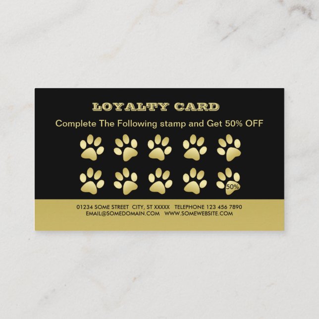  Gold Shiny Dog Paw on black Pet Grooming Service  Loyalty Card (Back)