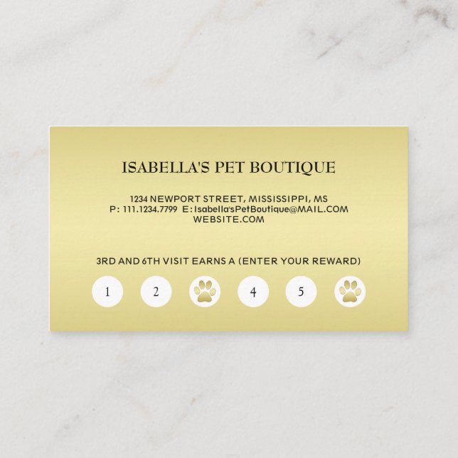 Gold Shiny Dog Paw on black Pet Grooming Service Loyalty Card (Back)